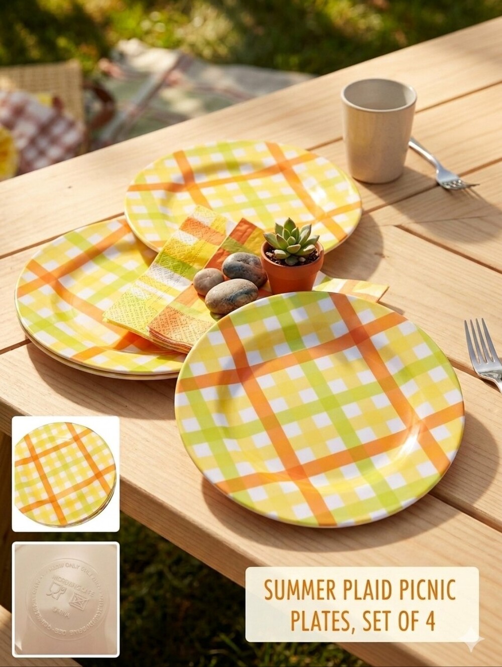 Picnic style striped melamine plastic yellow orange green dishes